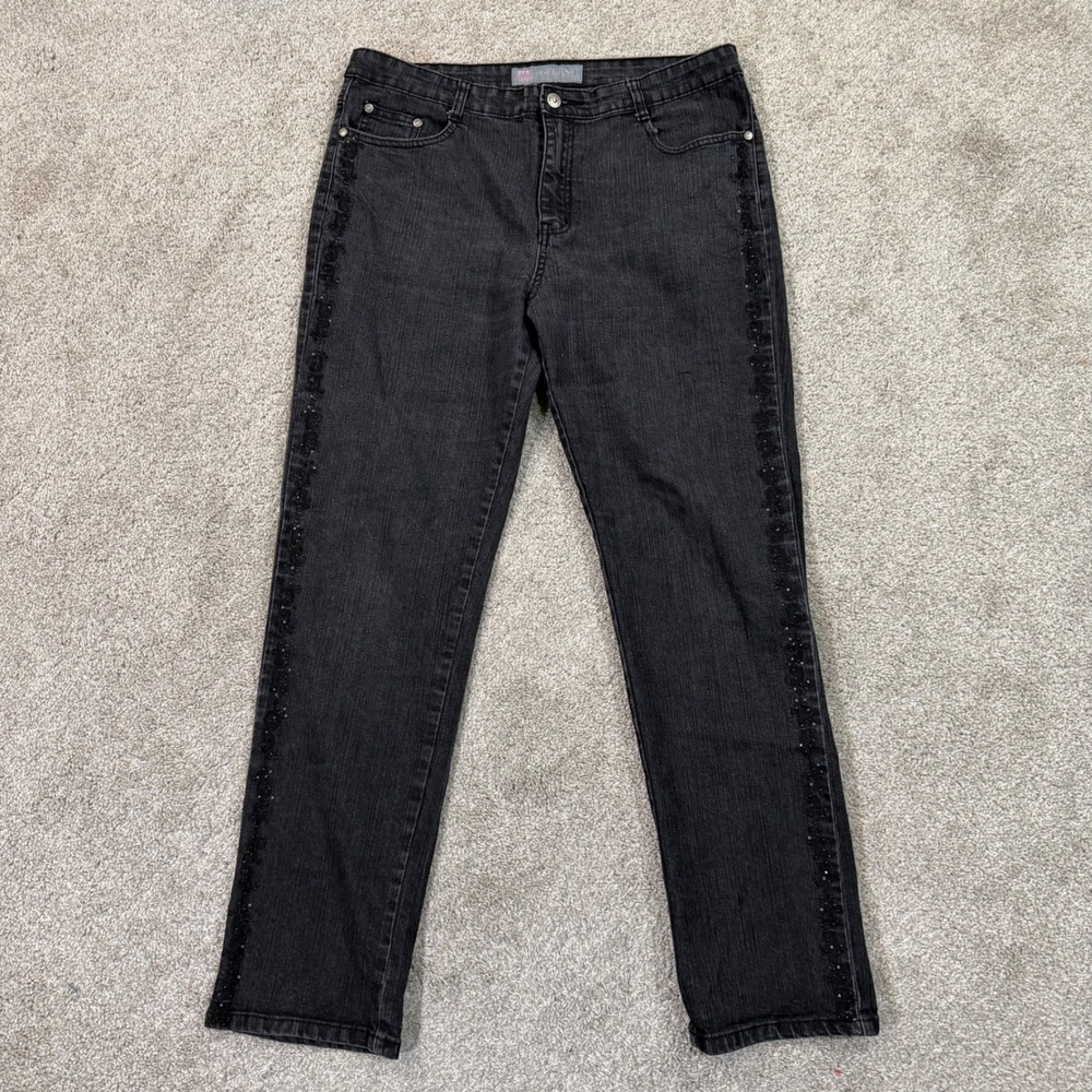 COS Jeans Womens 14 Black Straight Leg Embroidered Sequin Studded Denim Pants